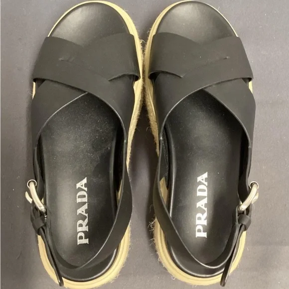Prada Women's Black Crisscross platform Espadrille Sandals Shoes size 36.5 - Picture 2 of 9